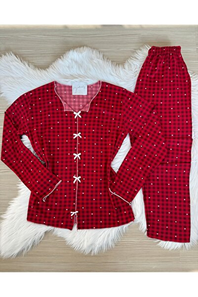 Pijamacs Rotes, kariertes Pyjama-Set mit weißem Herzmuster und Schleifendetai...