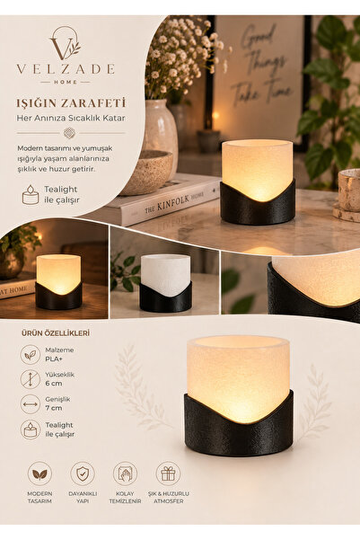 Velzade Home Dekoratif Mini Abajur – Tealight LED Mum ile Çalışan 3D Baskı PL...