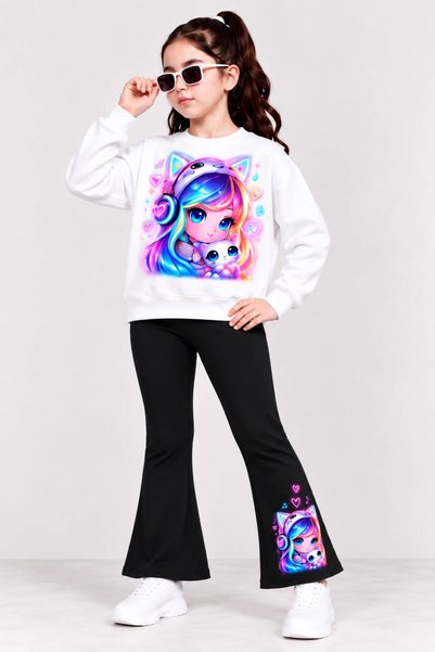 SİBELİZE Girl's Printed Sweatshirt and Spanish-Cut Leggings Set 100% Cotton