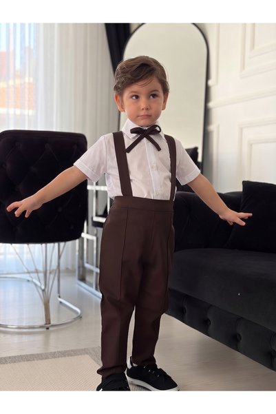 Z KİDS New Brown Short Sleeve Shirt Bow Salopet Jumpsuit Set Baby Boy Kids Suit