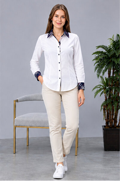 FARQIN White Cotton Satin Laci Brbry Collar Cuff Back Skirt Detailed Slim Fit...