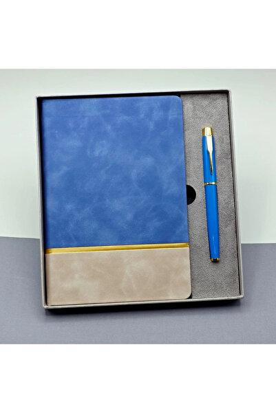 Lovesta Home Blue Notebook and Pen Set with Gold Stripe