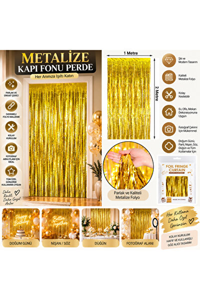 Ezgi Party Store Gold Metalize Kapı Fonu Perde 1x2 Metre Parlak Folyo Püskül ...