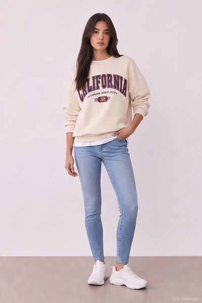 Quzu Printed Embroidery Detailed Sweatshirt Beige