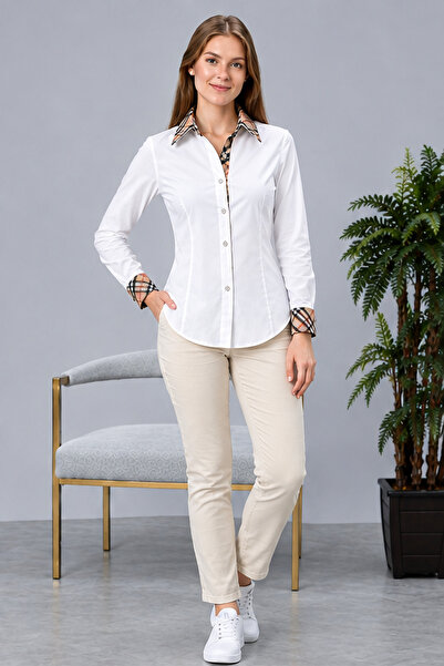 FARQIN White Cotton Satin Beige Brbry Collar Cuff Back Skirt Detailed Slim Fi...