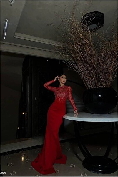 Şeker Portakalım Tulle Fishnet Evening Dress Fabric Dress Collar Cutout Vertical
