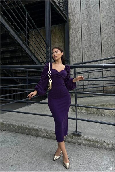 Şeker Portakalım Crepe Evening Dress Fabric Dress Collar Heart Long Sleeve