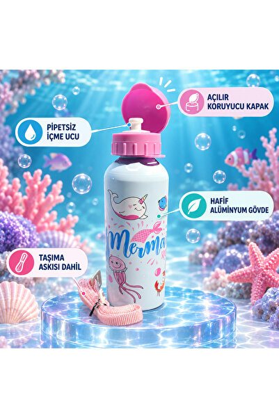 Mikro MT-2510 500 ml Çocuk Matarası Askılı Pipetsiz Açılır Kapaklı Desenli