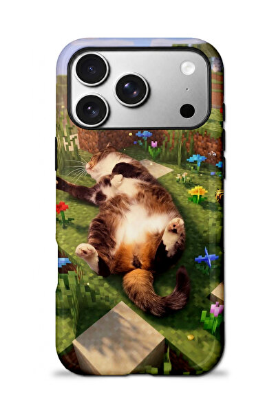 EDELFU iPhone 17 PRO Uyumlu - MineCraft Temalı Uykucu Kedi, Çift Katmanlı Kapak, Parlak Yüzey Koruyucu Kılıf