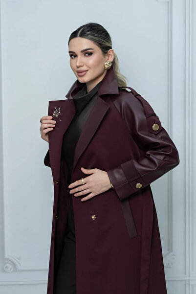 Eccim Fashion Deri Kollu Broşlu Maxi Boy Kadın Trençkot
