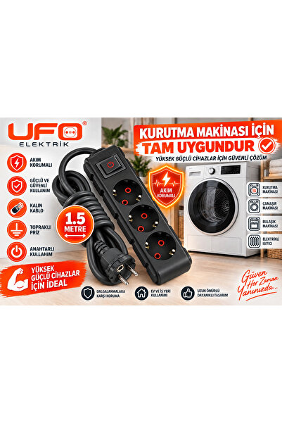 UFO 1.5 Metre Kurutma Makinesi Uzatma Kablosu 3x2,5 mm² Bakır Kablo 16A Topra...