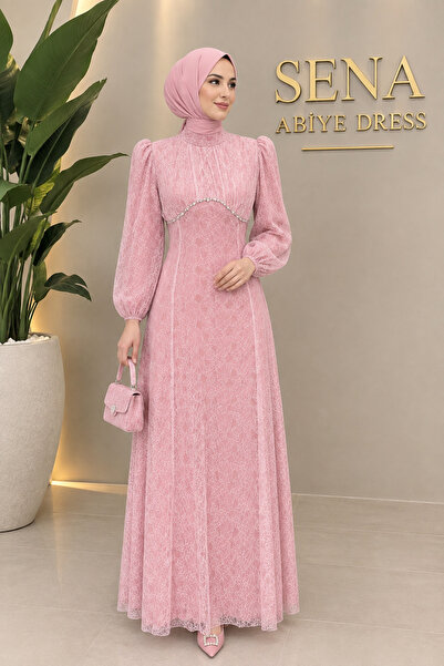 Sena Abiye Dress PEMBE DANTEL TAŞ DETAY ABİYE ELBİSE