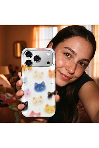 EDELFU iPhone 17 PRO Uyumlu - Renkli Kediler, Çift Katmanlı Kapak, Parlak Yüzey Koruyucu Kılıf