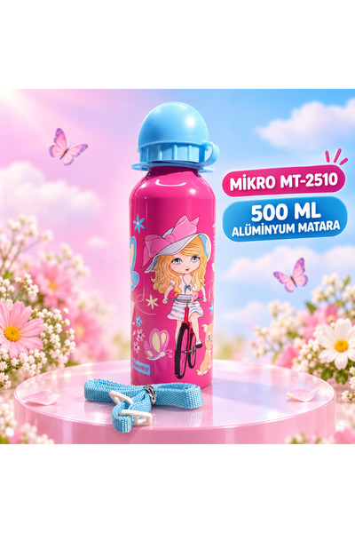 Mikro MT-2510 500 ml Çocuk Matarası Askılı Pipetsiz Açılır Kapaklı Desenli