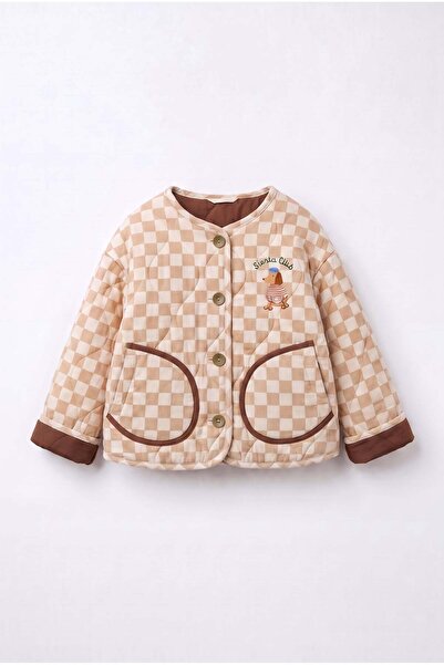 Magu Children's Embroidered Beige Checkerboard Patterned Quilted Jacket