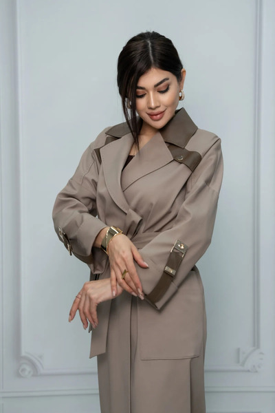 Eccim Fashion Deri Yaka Ve Detaylı Uzun Kadın Trençkot