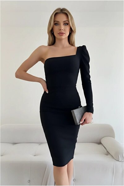 Şeker Portakalım Women's One Sleeve Fabric Dress Midi Length Crepe