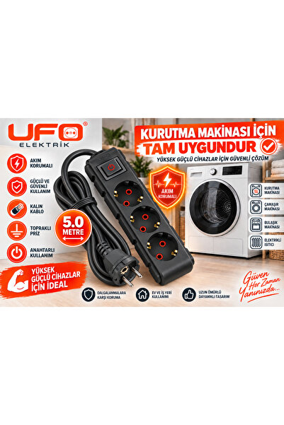 UFO 5 Metre Kurutma Makinesi Uzatma Kablosu 3x2,5 mm² Bakır Kablo 16A Toprakl...