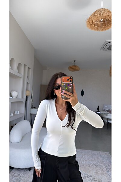 Buket Teke Ecru V-Neck Half-Lined Imported Fabric Blouse