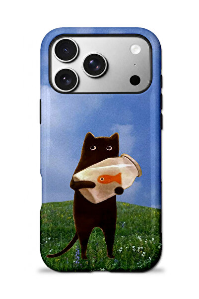 EDELFU iPhone 17 PRO Uyumlu - Balık Dostu Kedi, Çift Katmanlı Kapak, Parlak Yüzey Koruyucu Kılıf