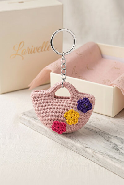 Lorivelle سلسلة مفاتيح صغيرة محبوكة يدويًا على شكل زهرة - حلقة فضية