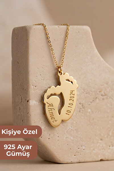 Suvindo Kadın Kişiye Özel 14K Altın Kaplama 925 Ayar Gümüş Bebek Ayak İzi İsi...