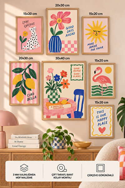 UNT 7'li Çerçeve Görünümlü Modern Tablo Seti | Retro & Pop Art | Salon, Ofis,...