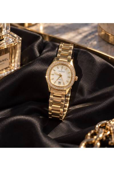 COLİESUM New Season Gold Color White Dial Stone Women's Wristwatch