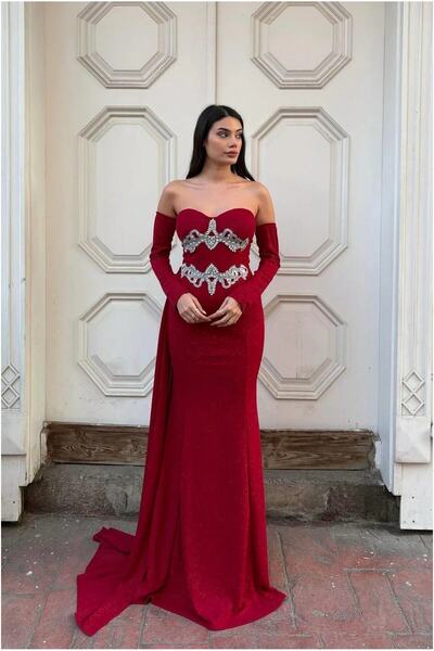 Şeker Portakalım Stone Detailed Evening Dress Long Sleeves