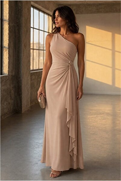 Butik Kadın Modern Stil Tek Omuz Kemerli Maxi Abiye Elbise