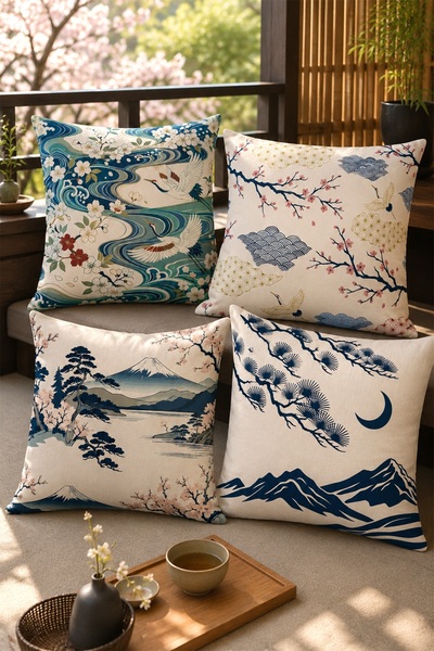 EVPANYA Japanese Mountain and Turna Patterned 4-Piece Throw Pillow Cover Set