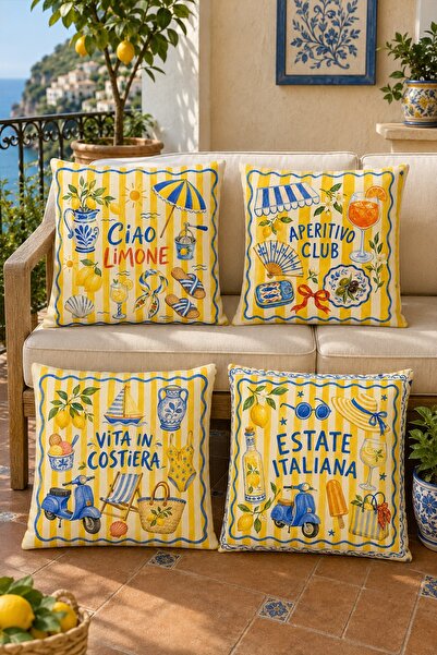 EVPANYA Yellow Striped Motor Umbrella Patterned 4-Piece Throw Pillow Cover Set