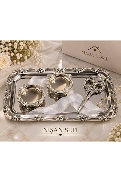 Mada Home Nişan Söz Tepsi Seti Tamamı Çelik 3 Parça Gümüş Aynalı Tepsi 2’li Y...