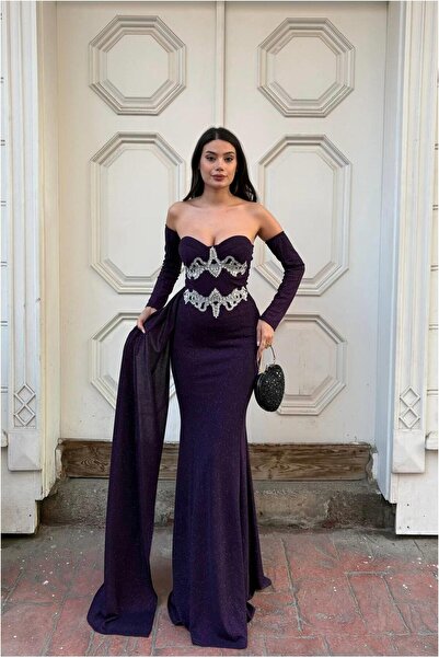 Butik Kadın İnce İşçilik Taş Detaylı Uzun Kollu Abiye Elbise