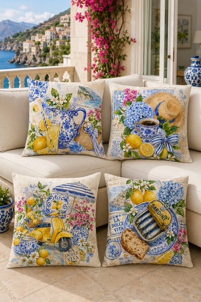 EVPANYA Çini Ve Limon, Motor Patterned 4-Piece Throw Pillow Cover Set