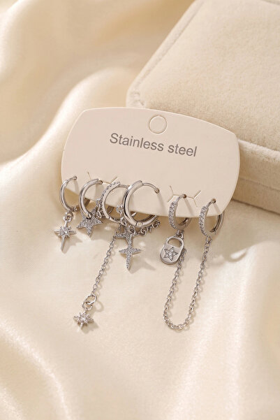 Lovesta Home 316L Steel Silver Color Star Model Chain Detailed Women's Earrin...