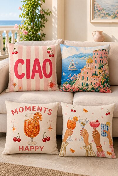 EVPANYA Coastal Town Cocktail Patterned 4-Piece Throw Pillow Cover Set