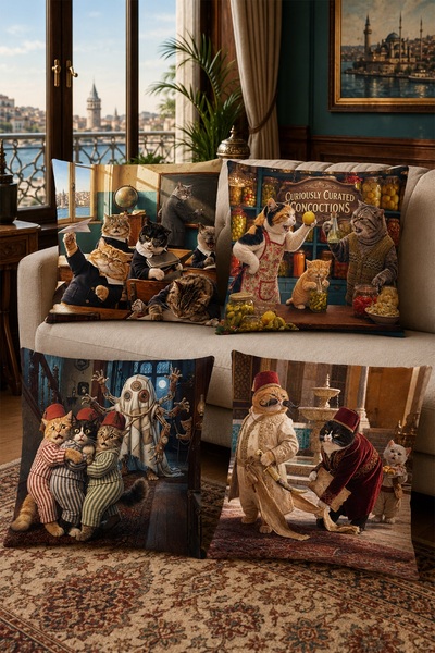 EVPANYA Green Cat Patterned 4-Piece Throw Pillow Cover Set