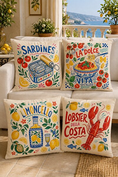 EVPANYA Lemonade, Sardine, Pasta, Lobster Patterned 4-Piece Throw Pillow Cove...