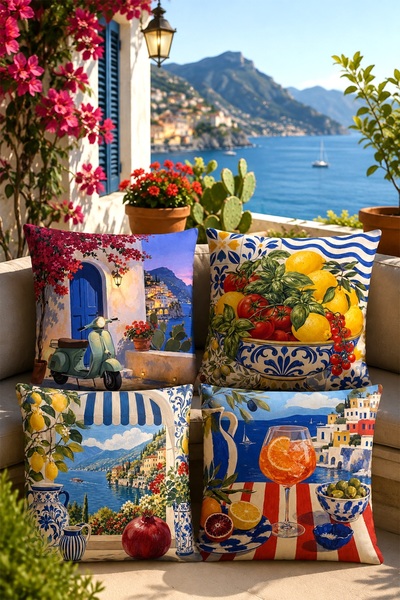 EVPANYA Beach Balcony and Motor Patterned 4-Piece Throw Pillow Cover Set