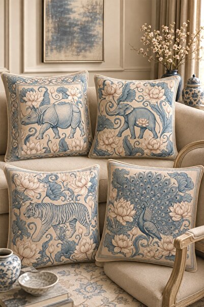 EVPANYA Lotus Flower and Animal Patterned 4-Piece Throw Pillow Cover Set