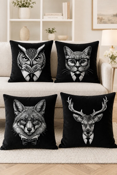 EVPANYA Owl, Cat, Fox, Deer Patterned 4-Piece Throw Pillow Cover Set