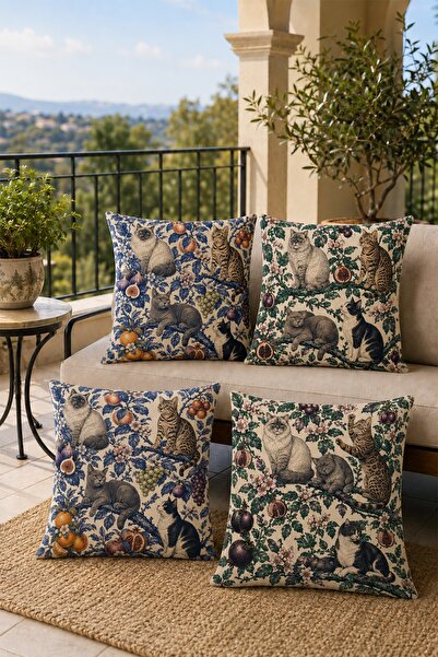 EVPANYA Cats in the Fruit Garden Patterned Set of 4 Throw Pillow Covers