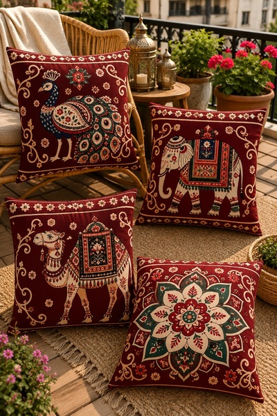 EVPANYA Embroidered Camel, Peacock and Elephant Patterned 4-Piece Throw Pillo...