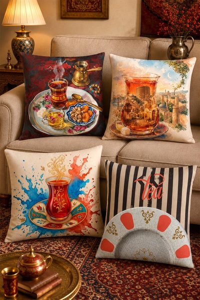 EVPANYA Tea Pleasure Patterned 4-Piece Throw Pillow Cover Set