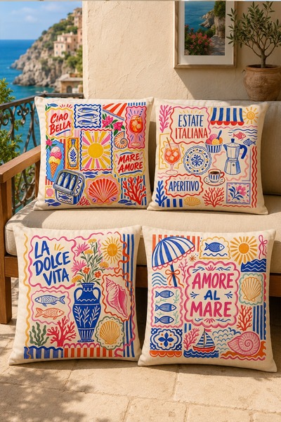 EVPANYA Ciao Bella Mare Amore Patterned 4-Piece Throw Pillow Cover Set