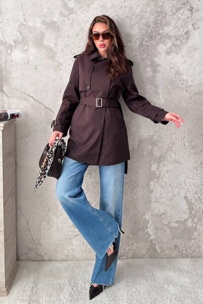 Elbee Fashion Woman Καφέ καμπαρντίνα με κουμπιά