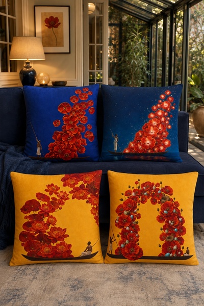 EVPANYA Yakamoz Violets Patterned 4-Piece Throw Pillow Cover Set