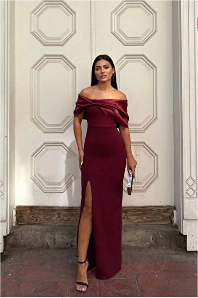 Şeker Portakalım Flexible Slit Evening Dress Fabric Dress Collar Carmen Satin