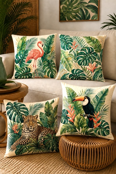 EVPANYA Botanical Flamingo, Parrot, Leopard Patterned 4-Piece Throw Pillow Co...